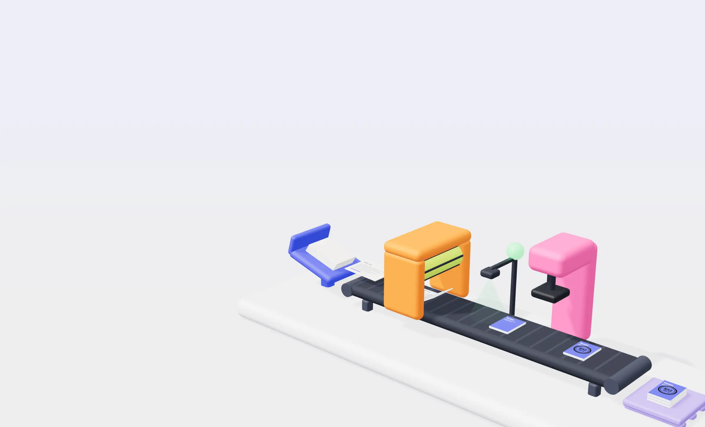 A playful bindery line: a request is folded, checked, stamped with a price and stacked.